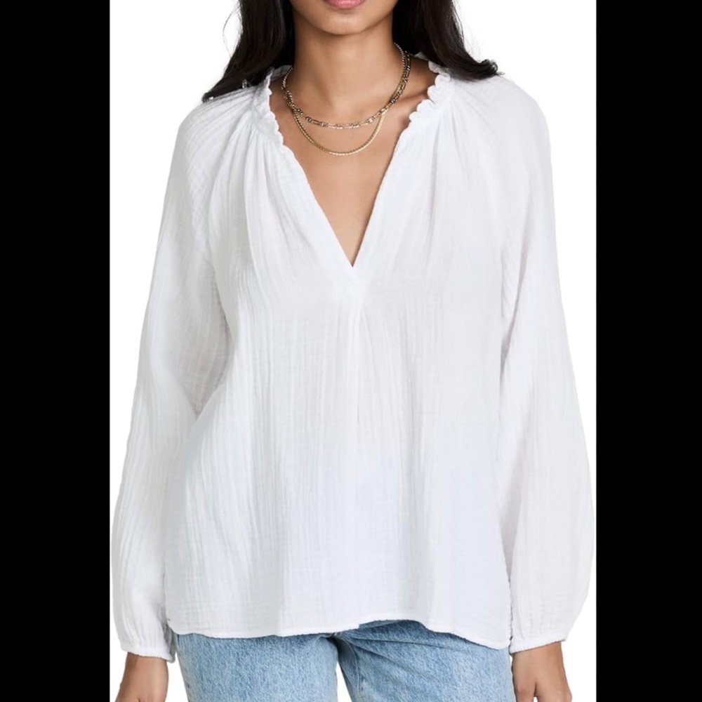 XiRENA White V-Neck Blouse Made in USA 100% Cotton